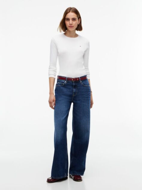 Μπεζ Slim Μακρυμάνικο T-Shirt Με Κλασική Λαιμόκοψη  Γυναίκες