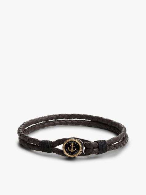 Brown Gold-Plated Nautical Charm Brown Leather Bracelet  Men