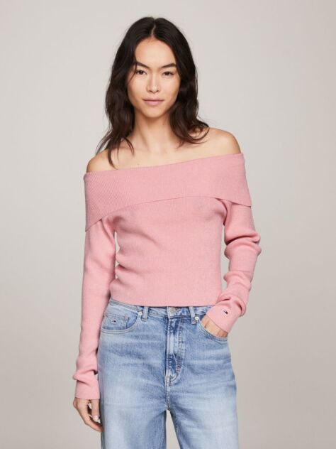 Pink Off-The-Shoulder Ribbed Jumper  Women