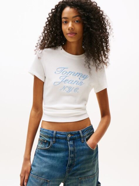 Άσπρο Varsity T-Shirt Με Waffle Πλέξη Σε Slim Γραμμή  Γυναίκες