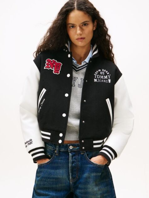 Black Logo Appliqué Varsity Jacket With Wool  Women