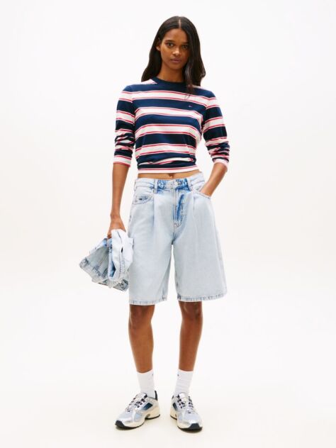 Denim Faded Pleated Loose Denim Bermuda Shorts  Women