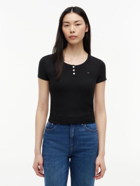 Μαύρο Henley T-Shirt Σε Στενή Γραμμή  Γυναίκες