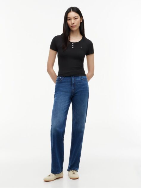 Μαύρο Henley T-Shirt Σε Στενή Γραμμή  Γυναίκες