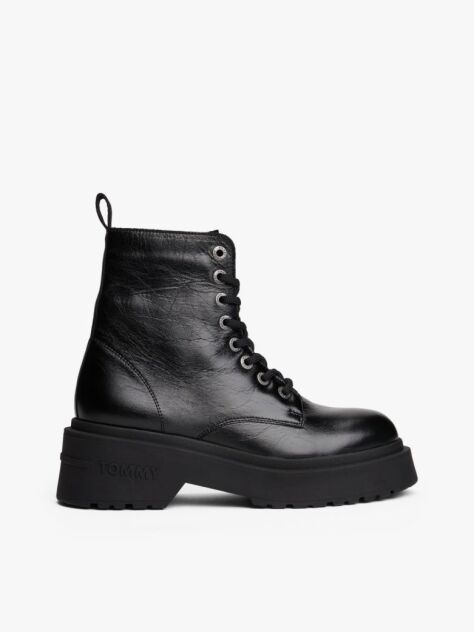 Black Shiny Leather Chunky Cleat Mid Boots  Women