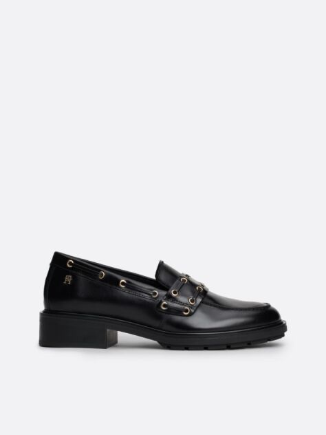 Black Eyelet Detail Block Heel Leather Loafers  Women