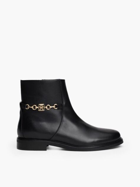 Black Leather Chain Hardware Ankle Boots  Women