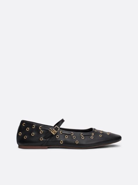 Black Leather Eyelet Detail Mary Jane Ballerinas  Women