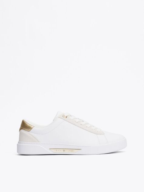 White Metallic Leather Court Trainers  Women