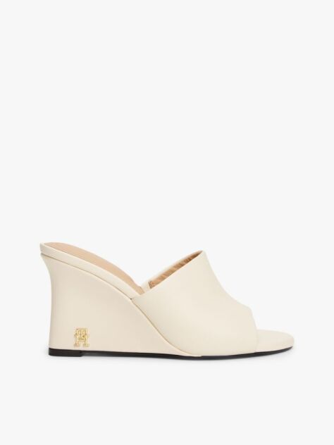 Beige Leather TH Monogram Plaque Wedge Mules  Women