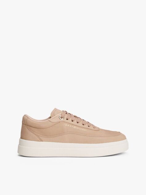 Beige Leather Metallic Logo Court Trainers  Women