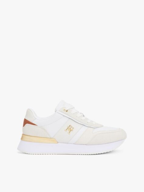 Beige Leather Textured Panel Metallic Trainers  Women