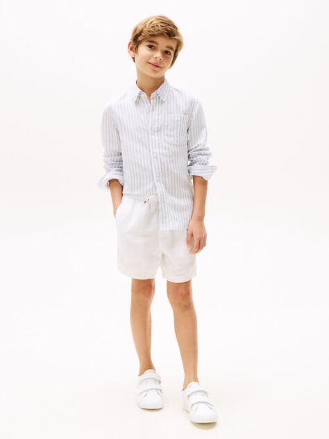 White Linen Blend Drawstring Shorts  Boys