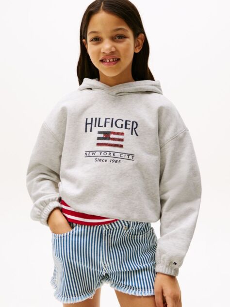 White Hilfiger Sequin Flag Relaxed Hoody  Girls