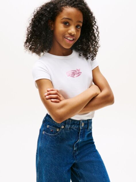 White Metallic Logo Extra Slim T-Shirt  Girls