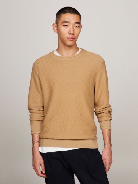 Beige Honeycomb Knit Crew Neck Jumper  Men