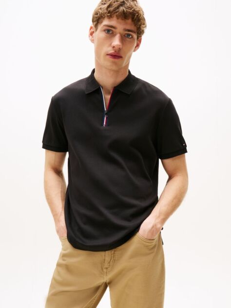 Black Regular Signature Zip Placket Polo Shirt  Men