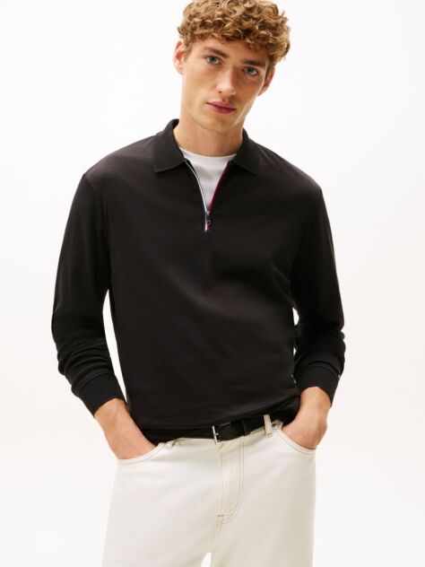 Black Interlock Zip Long Sleeve Polo Shirt  Men