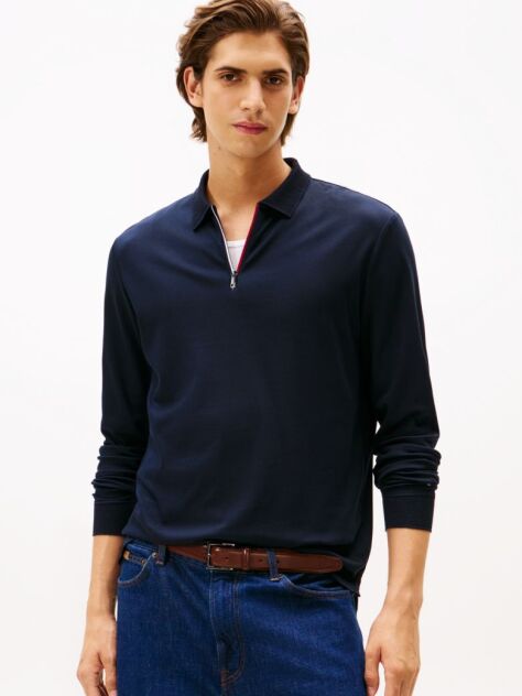 Blue Interlock Zip Long Sleeve Polo Shirt  Men