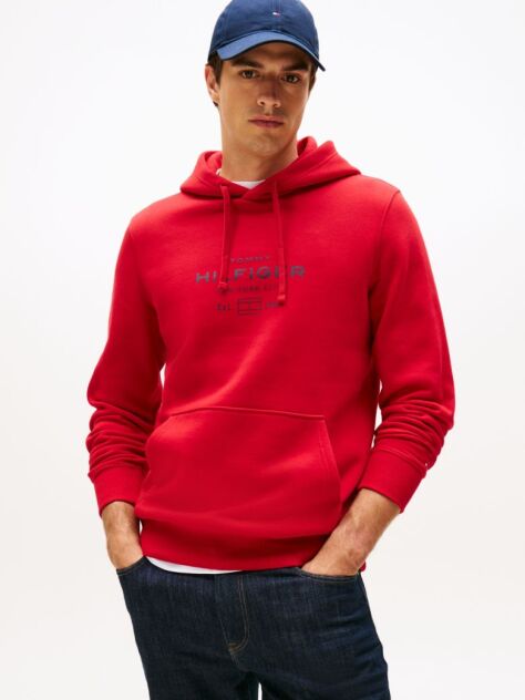 Red Perfect for fighting the cold, this warm hoodie is enhanced with a stylish, tonal Tommy Hilfiger logo and crafted from high-quality interlock knit.  Men