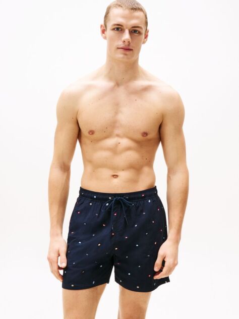 Blue Embroidery Mid Length Swim Trunks  Men