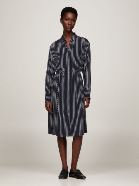 Blue Crepe Belted Knee Length Shirt Dress  Women