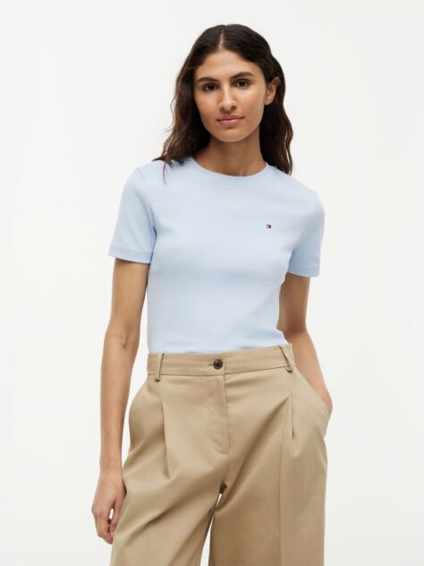 Μπλε Ριμπ T-Shirt Σε Slim Γραμμή Με Κεντητό Σημαιάκι  Γυναίκες