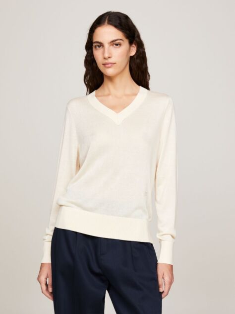 Beige TH Monogram Stamp V-Neck Jumper  Women
