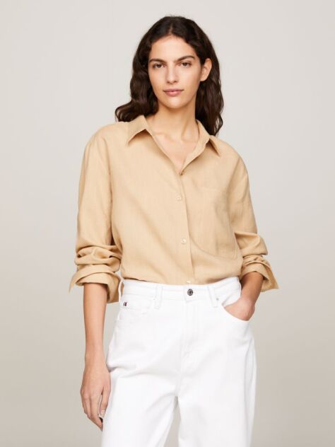 Beige Linen Patch Pocket Relaxed Fit Shirt  Women