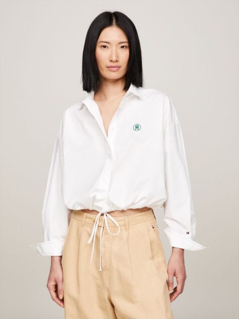 White TH Monogram Drawstring Cropped Shirt  Women