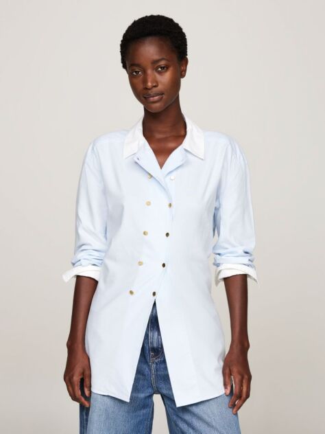 Blue Double Button Waisted Fitted Shirt  Women