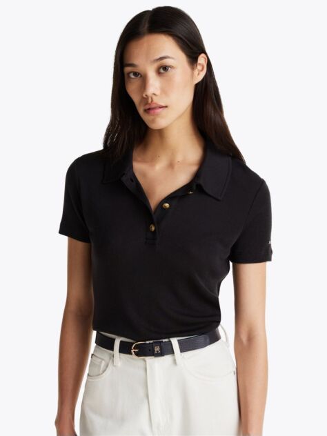 Black Slim Fit Gold-Tone Button Polo Shirt  Women