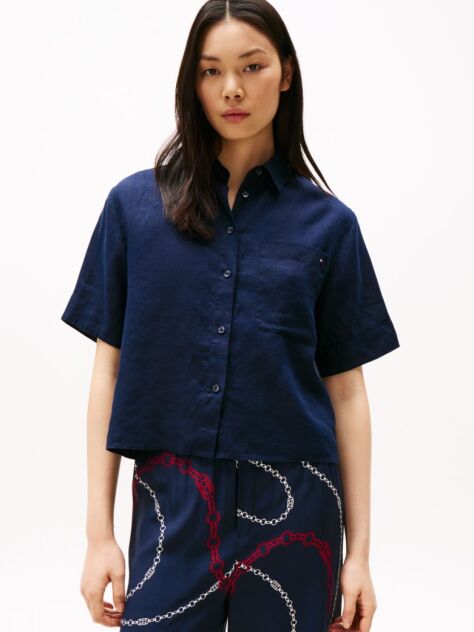 Blue Relaxed Fit Short Sleeve Linen Shirt  Women