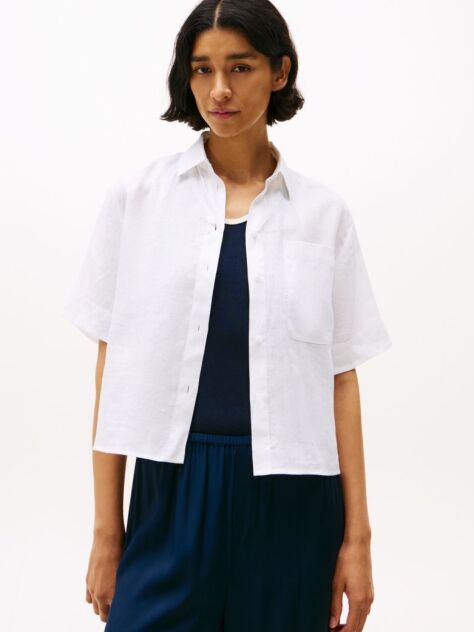 White Relaxed Fit Short Sleeve Linen Shirt  Women