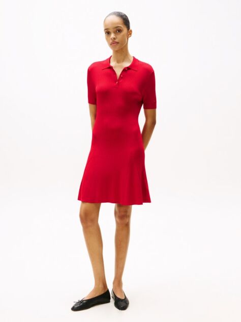 Red Ribbed Mini Polo Dress  Women
