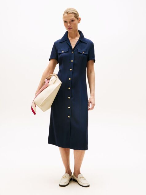 Blue Twill Short Sleeve Shirt Dress  Women