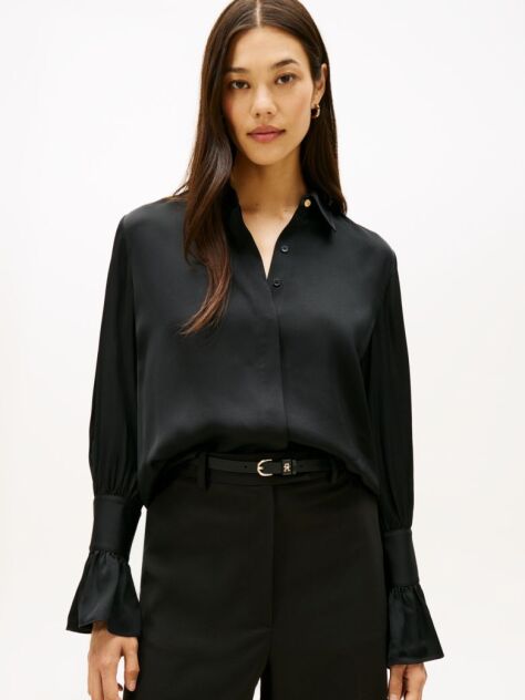 Black Relaxed Ruffle Cuff Sateen Shirt  Women