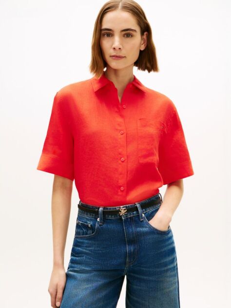 Red Relaxed Fit Pure Linen Short Sleeve Shirt  Women