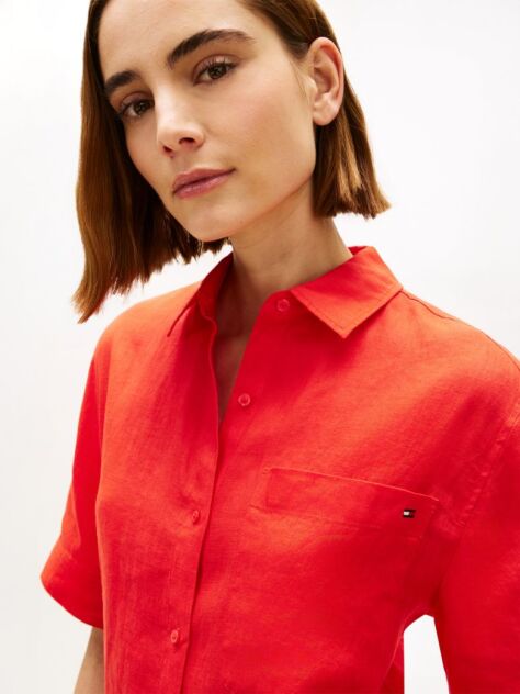 Red Relaxed Fit Pure Linen Short Sleeve Shirt  Women