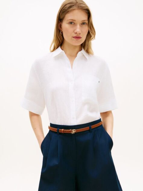 White Relaxed Fit Pure Linen Short Sleeve Shirt  Women