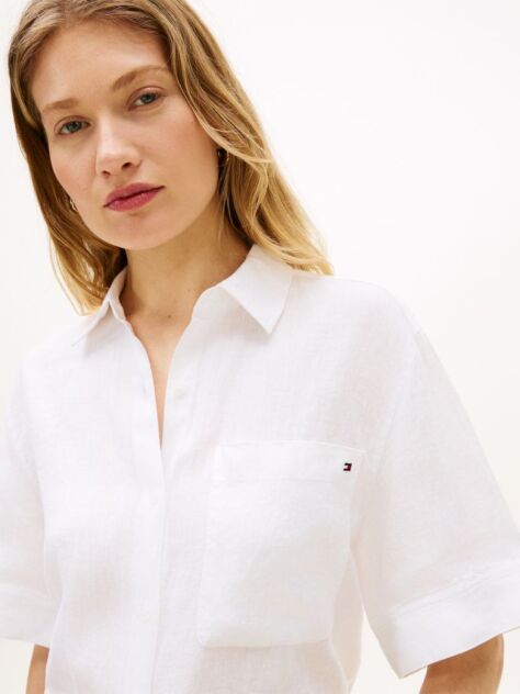 White Relaxed Fit Pure Linen Short Sleeve Shirt  Women