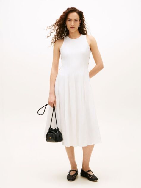 White Gold-Tone Button Linen Blend Midi Dress  Women