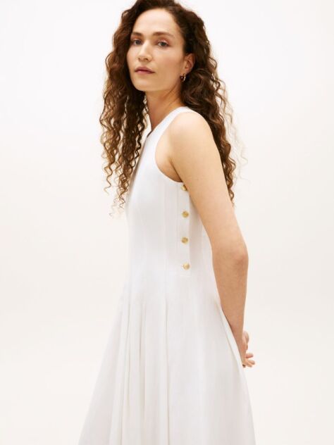 White Gold-Tone Button Linen Blend Midi Dress  Women