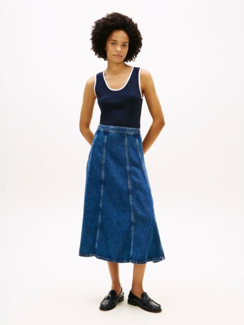 Blue High Waisted Flared Denim Midi Skirt  Women
