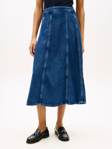 Blue High Waisted Flared Denim Midi Skirt  Women