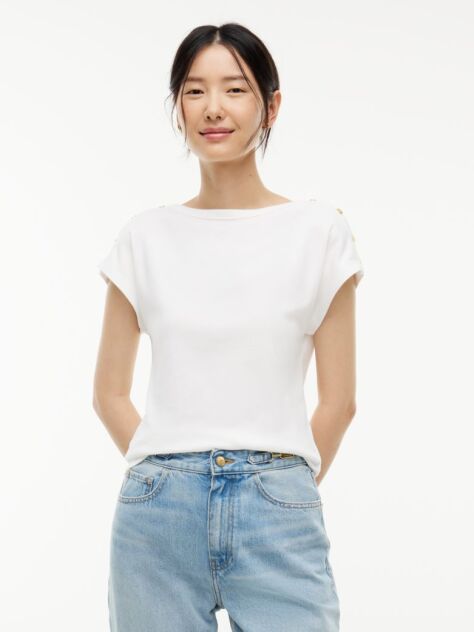 White Gold-Tone Button Boat Neck T-Shirt  Women
