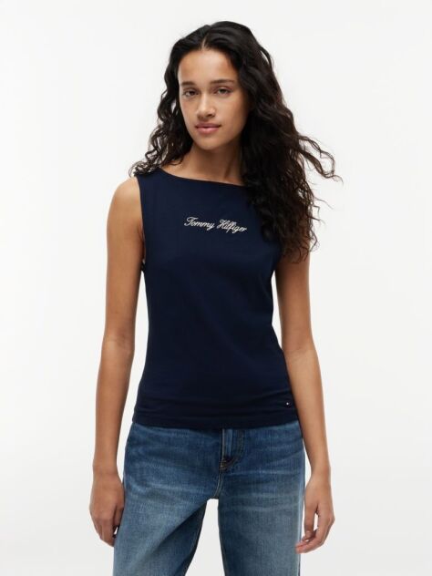 Blue Slim Boat Neck Tank Top  Women