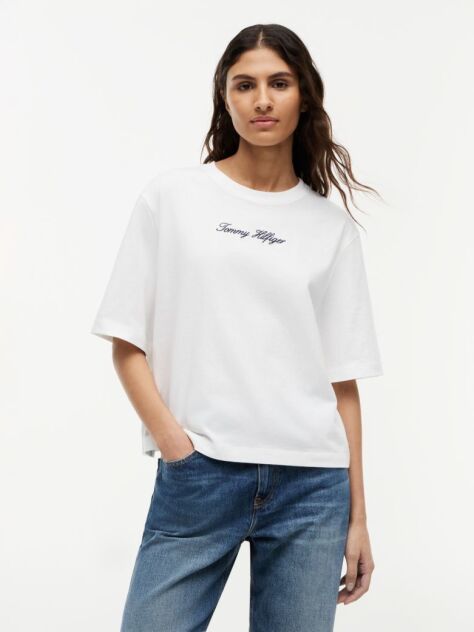 White Logo Embroidery Relaxed Crew Neck T-Shirt  Women