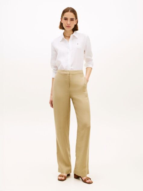Beige Tailored Straight Leg Linen Blend Trousers  Women