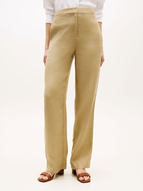 Beige Tailored Straight Leg Linen Blend Trousers  Women